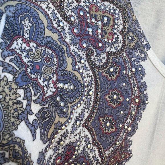 Cache Long Sleeve V-Neck Paisley Print Metal Beaded Stretch Shirt Blouse Top L - Picture 3 of 9